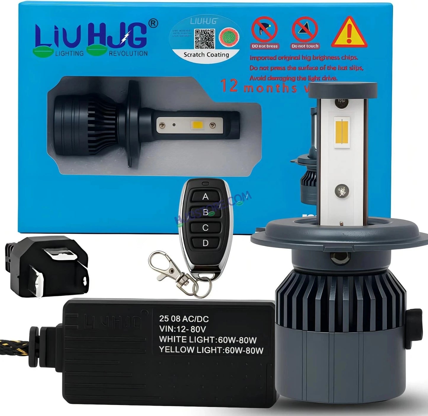 HJG M3 Remote Multi Beam 120W H4 3 in 1 3000K 4300K 6000K LED Bulb AC/DC Headlight White/Yellow/Warm White/Flash Beam 60W + 60W for Bike Car Light H4 LED with Fan Remote Hi/Lo Beam Headlight 12V/24V for Bike/Car, Set of 1, White/Yellow/Warm White Hi/Lo - HJGstore.com