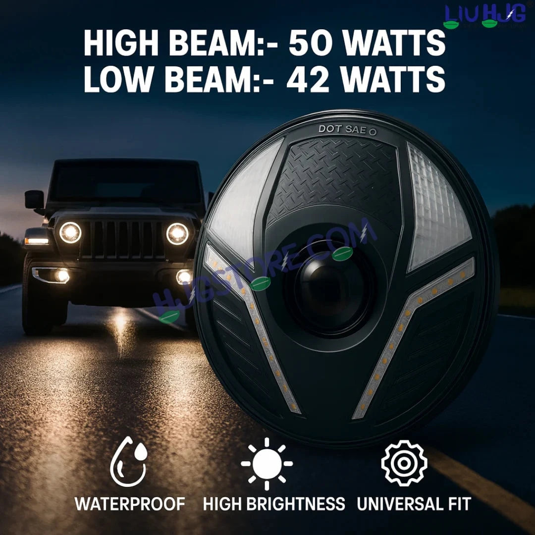 HJG Alien 7 Inch Headlight DRL 92W Projector Ultra Wide 7 Inch Headlight Assembly C-286 White LED Headlight New Model Projector Headlight Assembly for Royal Enfield | 92W CREE/Osram LED Chip White/Yellow Compatible with Royal Enfield, Jeep, Thar, Gypsy - HJGstore.com