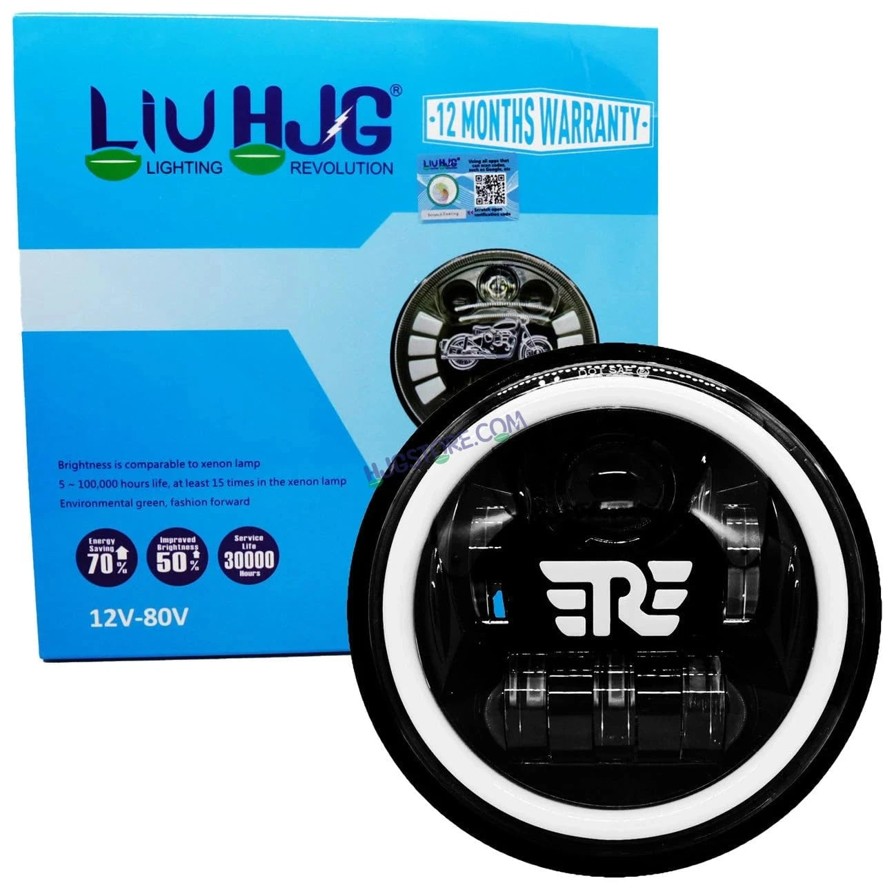 HJG 7 Inch RE Logo White LED Headlight New Model RE Logo Headlight Assembly for Royal Enfield | 75-90W CREE/Osram LED Chip Multi color Compatible with Royal Enfield, Jeep, Thar, Gypsy - HJGstore.com