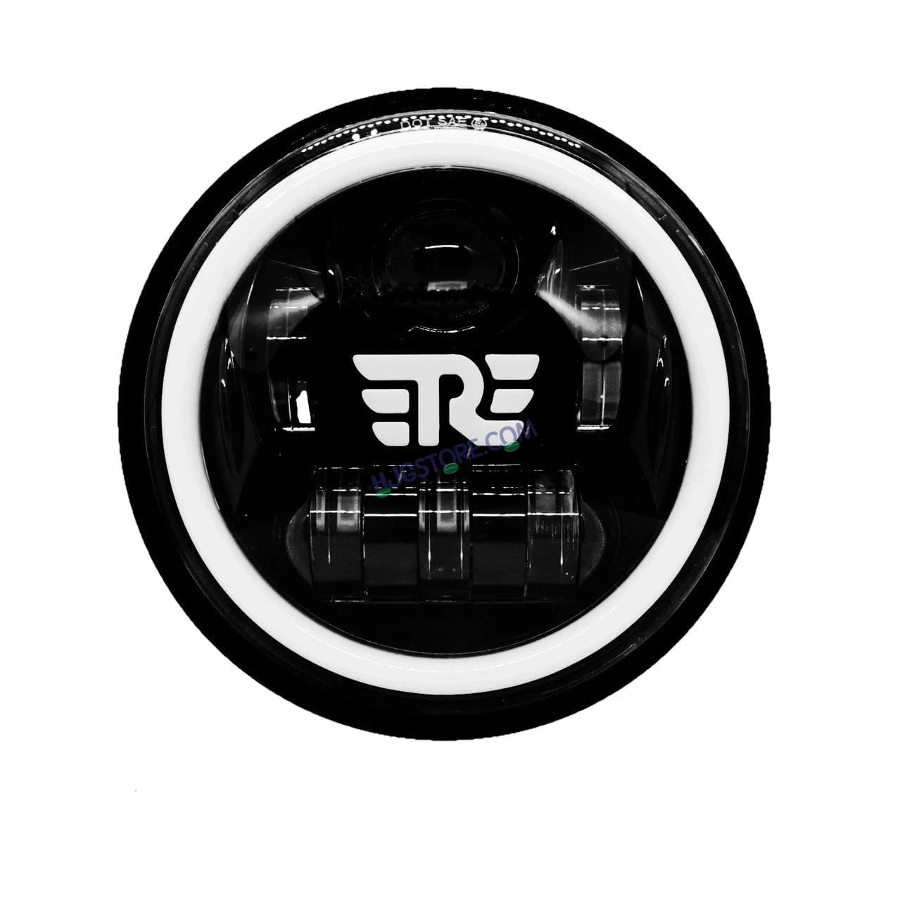 HJG 7 Inch RE Logo White LED Headlight New Model RE Logo Headlight Assembly for Royal Enfield | 75-90W CREE/Osram LED Chip Multi color Compatible with Royal Enfield, Jeep, Thar, Gypsy - HJGstore.com