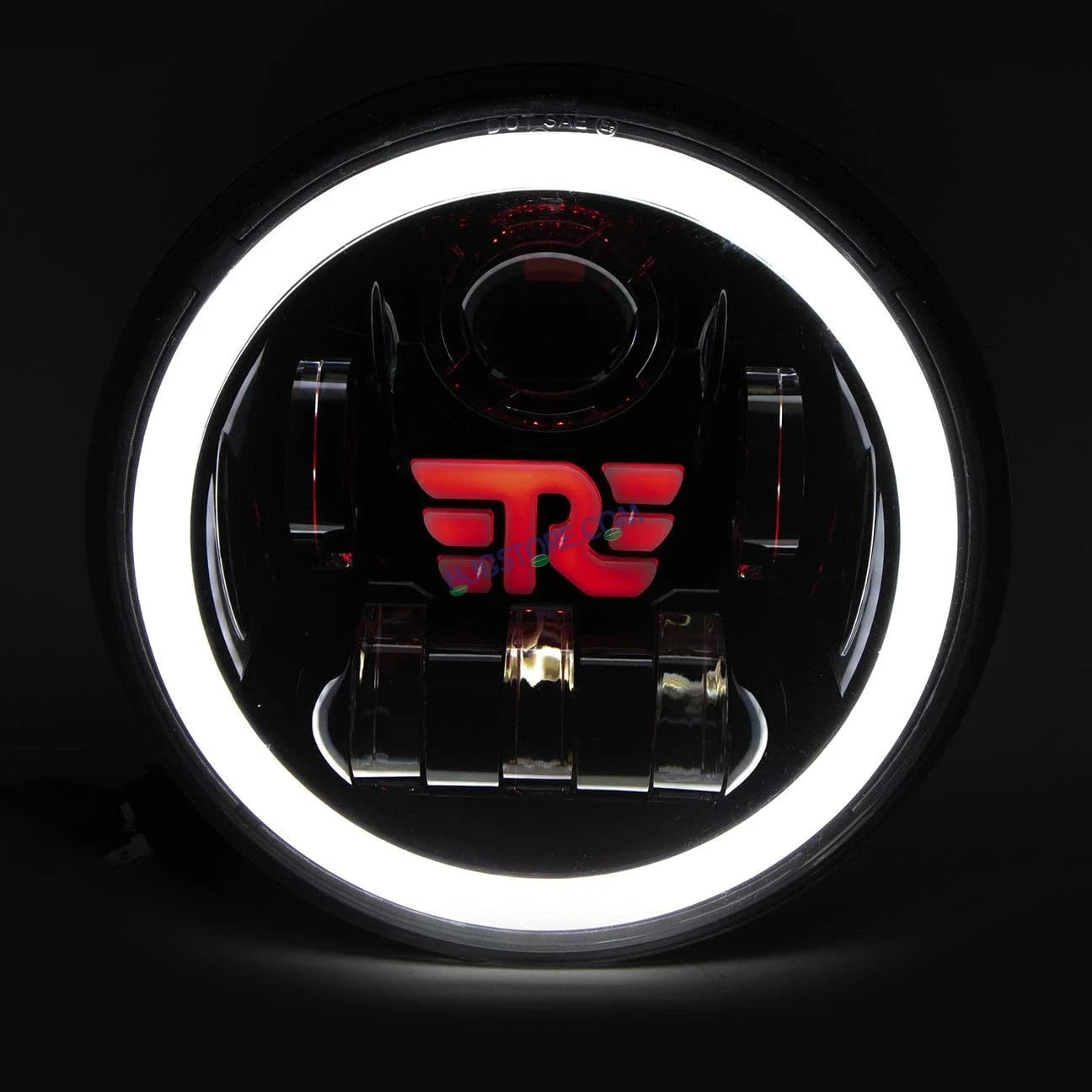 HJG 7 Inch RE Logo White LED Headlight New Model RE Logo Headlight Assembly for Royal Enfield | 75-90W CREE/Osram LED Chip Multi color Compatible with Royal Enfield, Jeep, Thar, Gypsy - HJGstore.com