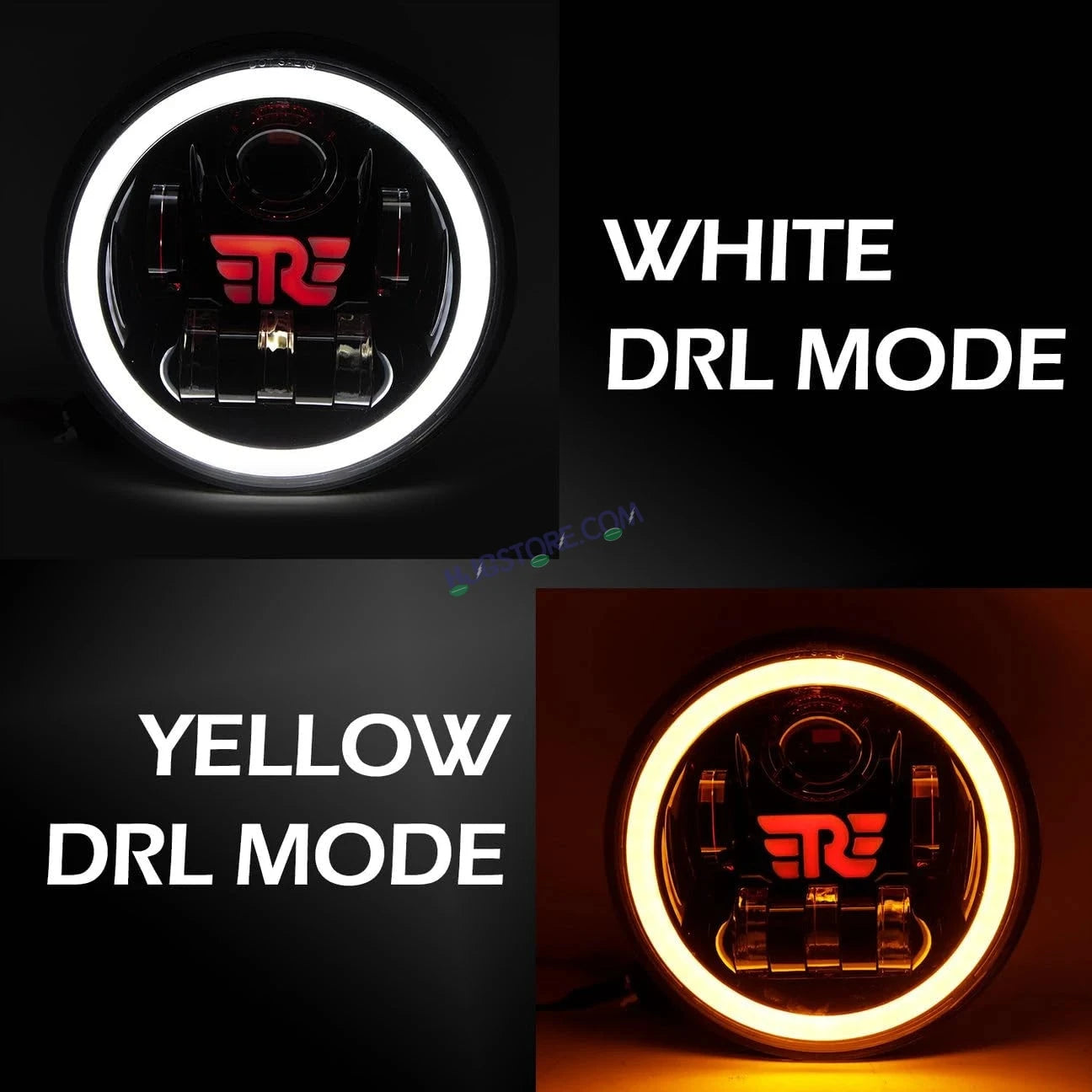 HJG 7 Inch RE Logo White LED Headlight New Model RE Logo Headlight Assembly for Royal Enfield | 75-90W CREE/Osram LED Chip Multi color Compatible with Royal Enfield, Jeep, Thar, Gypsy - HJGstore.com