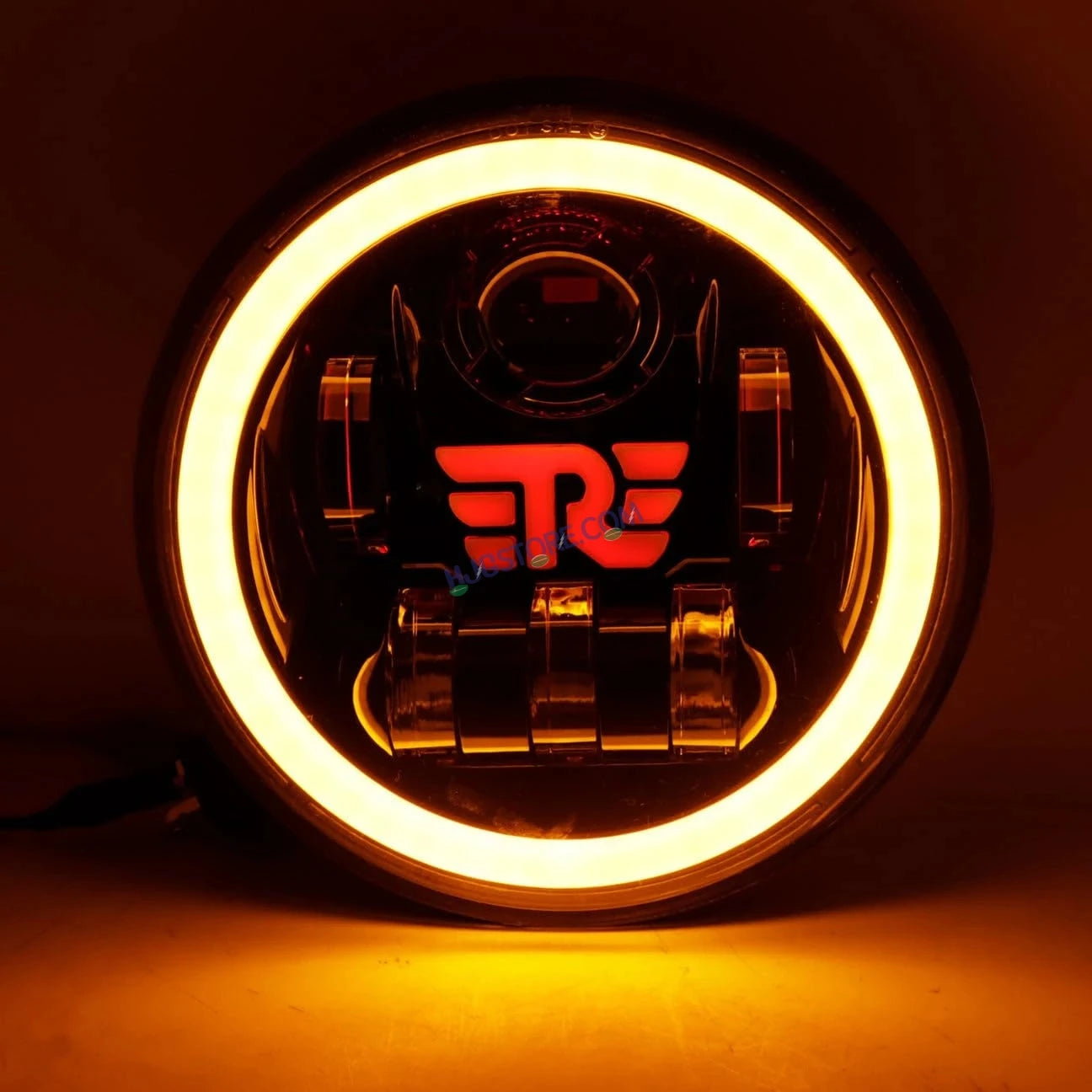HJG 7 Inch RE Logo White LED Headlight New Model RE Logo Headlight Assembly for Royal Enfield | 75-90W CREE/Osram LED Chip Multi color Compatible with Royal Enfield, Jeep, Thar, Gypsy - HJGstore.com