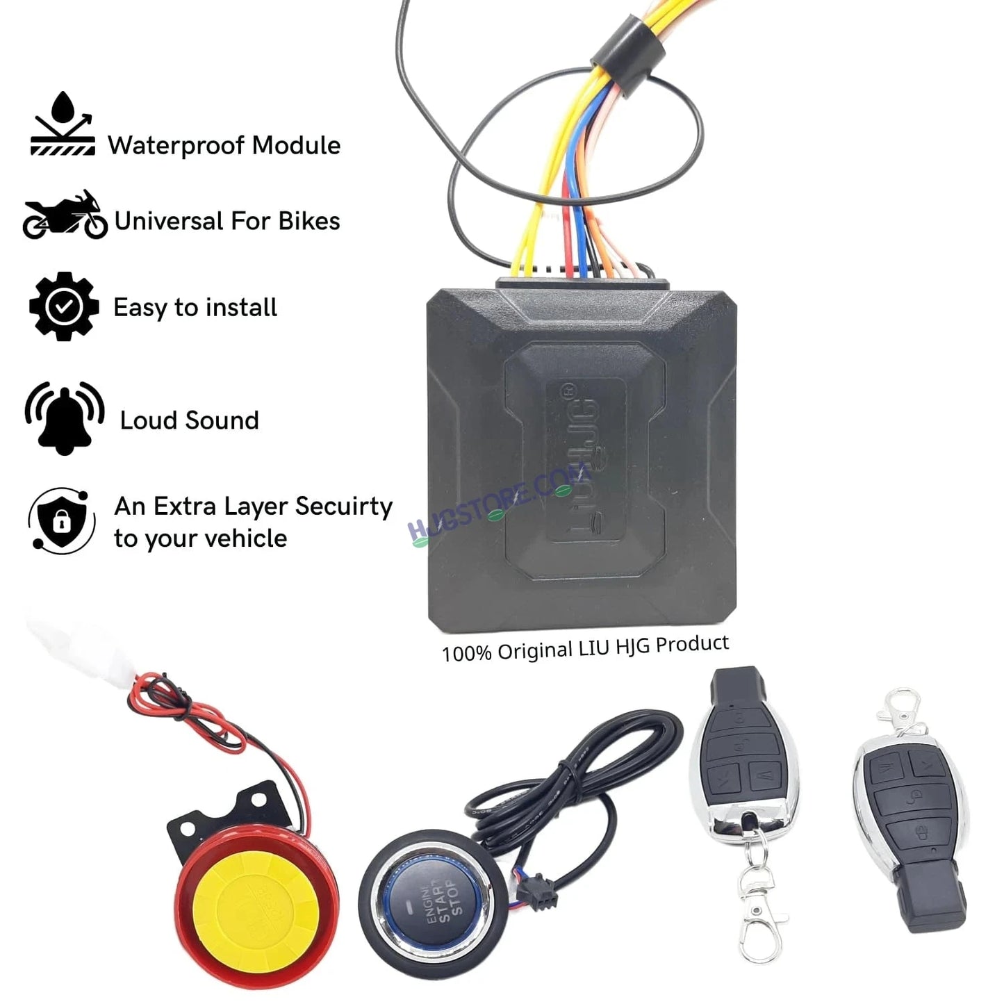 HJG Push Button Alarm System Kit Keyless Start One-Way Bike Alarm Kit for Two Wheeler Security HJG Anti-Theft Alarm System Kit (Loud Siren, Flashing Light 125 dB) LIU HJG Push Button Alarm System Kit - HJGstore.com