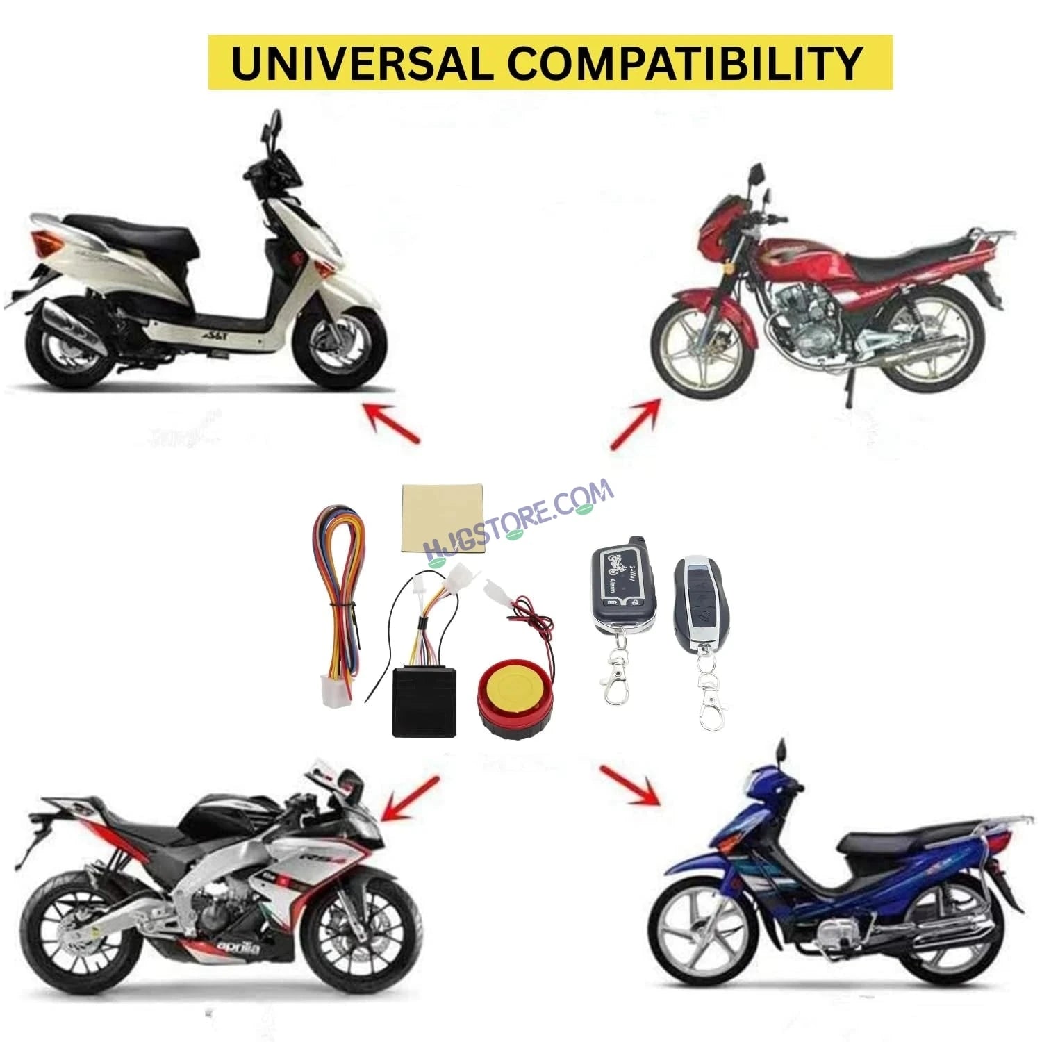 HJG Two Way Alarm System Kit Keyless Start Digital Bike Alarm Kit for Two Wheeler Security HJG Anti-Theft Alarm System Kit (Loud Siren 125 dB, Flashing Light & Shock Sensor) Universal Fit for Motorcycles & Scooters LIU HJG Keyless Two Way Alarm System Kit - HJGstore.com