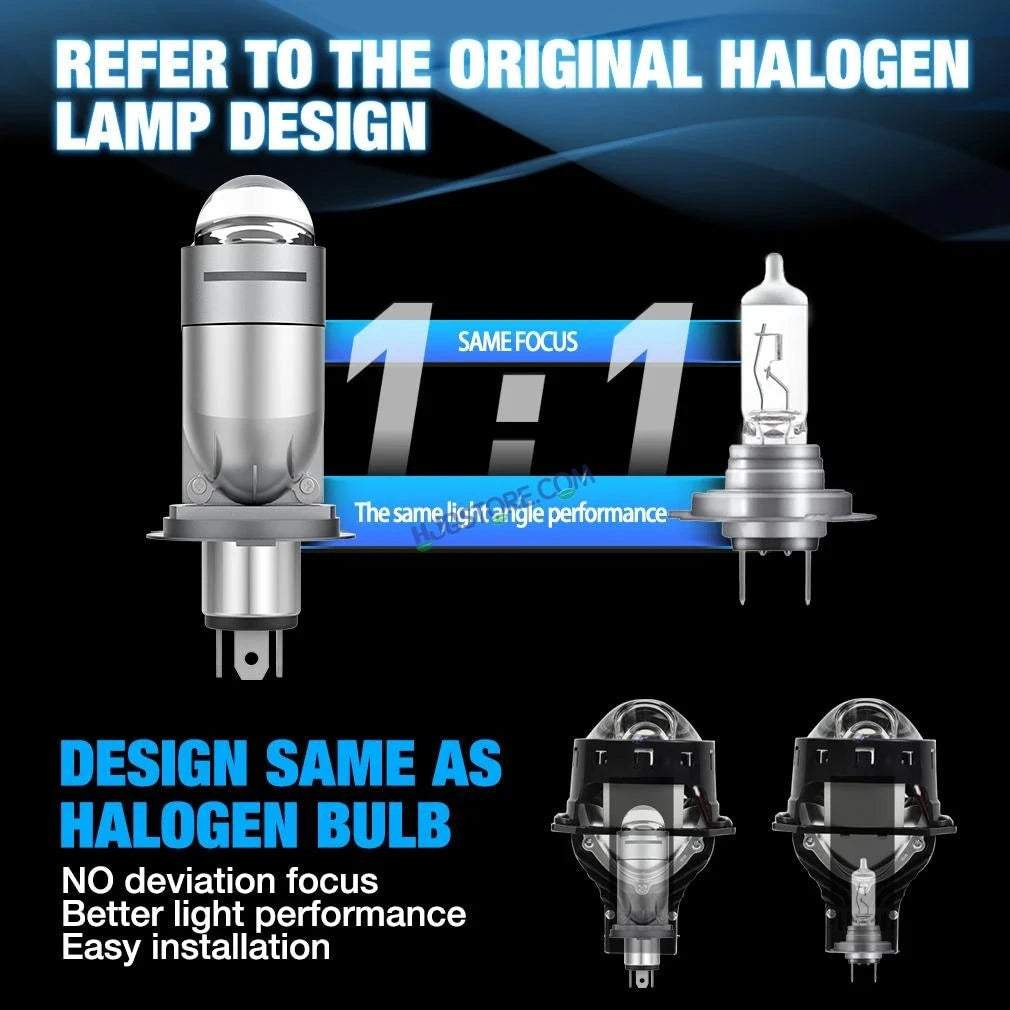 HJG RTD Lens H4 2pc for Car New Model RTD Lens Dual Projector Lens H4 LED Bulb 100W HJG Projector Light H4 LED Mini Projector Lens with Fan Bulb 12000LM Conversion Kit Hi/Lo Beam Headlight 12V/24V for Bike/Car/SUV, Set of 2, Red Devil DRL/White Hi/Lo 2pc - HJGstore.com