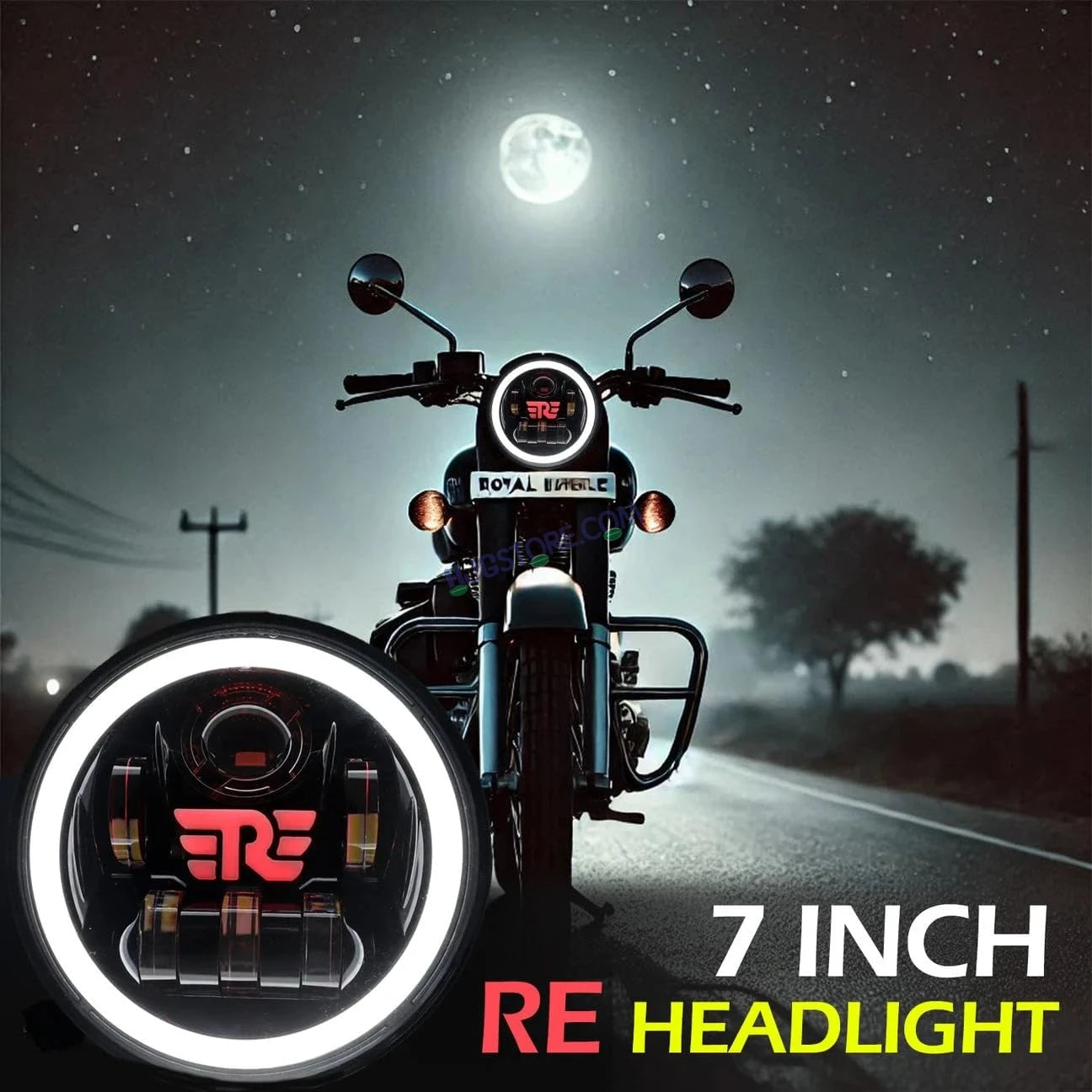 HJG 7 Inch RE Logo White LED Headlight New Model RE Logo Headlight Assembly for Royal Enfield | 75-90W CREE/Osram LED Chip Multi color Compatible with Royal Enfield, Jeep, Thar, Gypsy - HJGstore.com