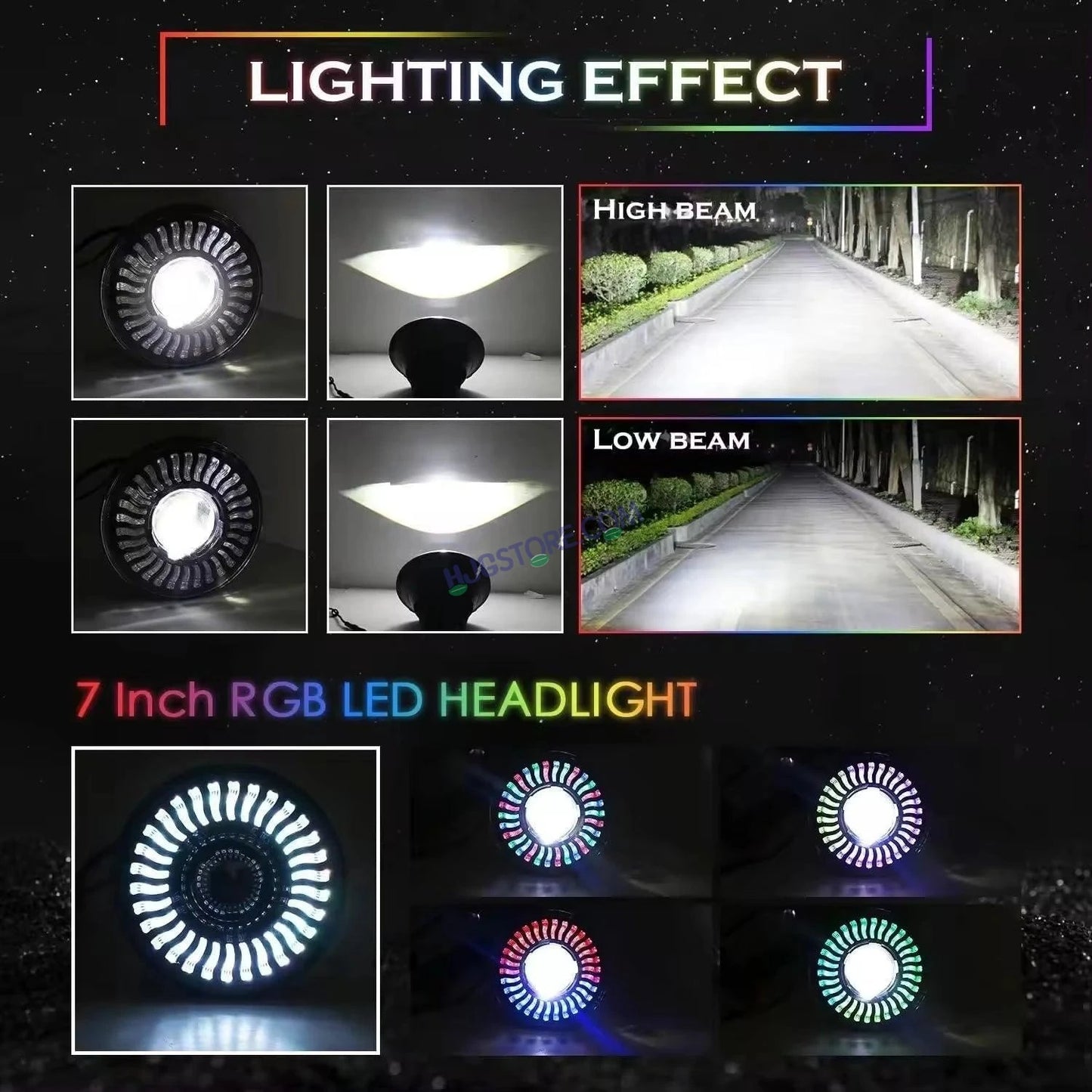 HJG 7 Inch RGB LED Headlight Assembly | 75-120W CREE/Osram | Multicolor Compatible with Royal Enfield, Jeep, Thar, Gypsy - HJGstore.com
