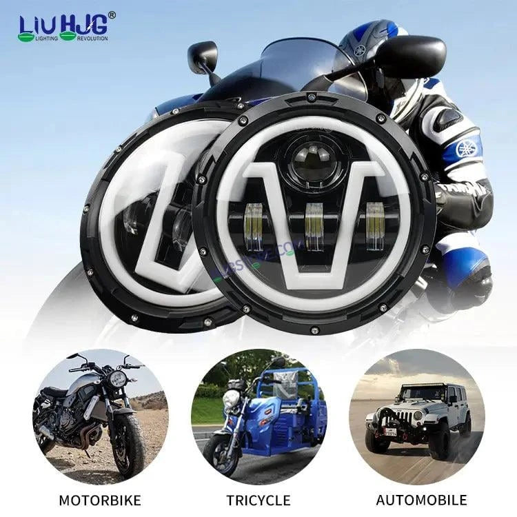 HJG 7 Inch Led Headlight Assembly Halo Lights Dual Color Yellow White 7 Inch Round Motorcycle Lights For Jeeps Universal Car Compatible with Royal Enfield, Jeep & Harley Davidson U 2 - HJGstore.com