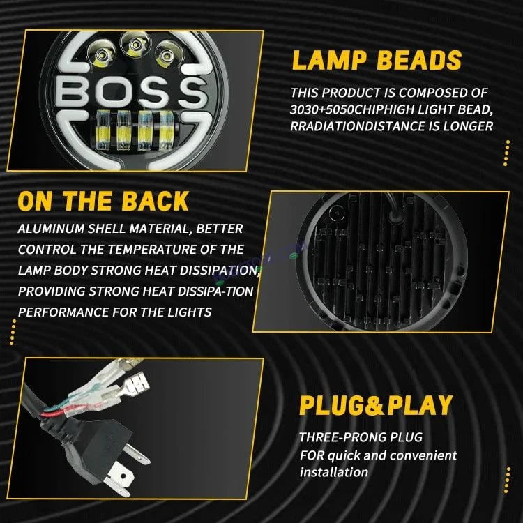 HJG 7 Inch Led Headlight Assembly Halo Lights Dual Color Yellow White 7 Inch Round Motorcycle Lights For Jeeps Universal Car Compatible with Royal Enfield, Jeep & Harley Davidson BOSS 2 - HJGstore.com