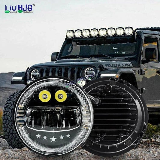 HJG 7 Inch Led Headlight Assembly Halo Lights Dual Color Yellow White 7 Inch Round Motorcycle Lights For Jeeps Universal Car Compatible with Royal Enfield, Jeep & Harley Davidson Fog Headlight Light Kit Devil's Eye Rgb Color Halo H4 Projector 2 - HJGstore.com