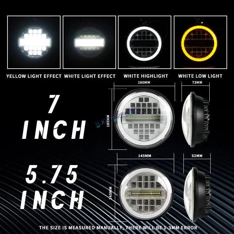 HJG 7 Inch Led Headlight Assembly Halo Lights Dual Color Yellow White 7 Inch Round Motorcycle Lights For Jeeps Universal Car Compatible with Royal Enfield, Jeep & Harley Davidson Diamond - HJGstore.com