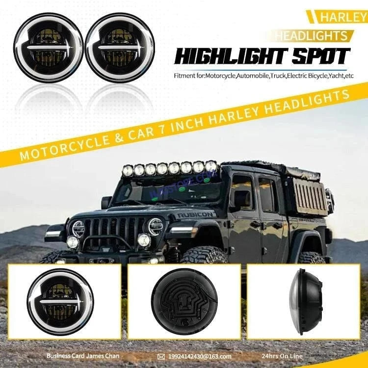 HJG 7 Inch 75W Minus New Model 75W Low Beam 110W Hi Beam LED Headlight Assembly White 7 Inch Round Motorcycle Lights For Jeeps Universal Car Compatible with Royal Enfield, Jeep & Harley Davidson LIU HJG New Box Minus 7 Inch - HJGstore.com