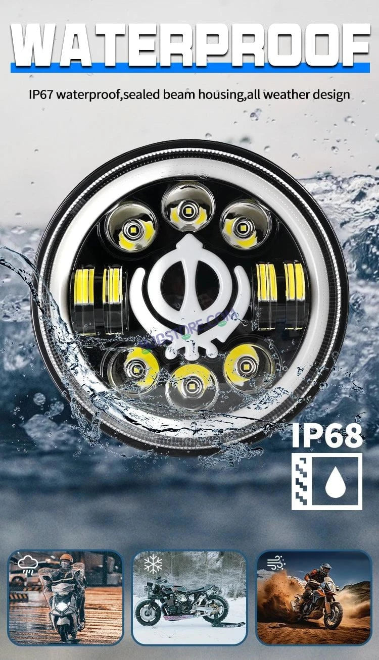 HJG 7 Inch Led Headlight Assembly Halo Lights Dual Color Yellow White 7 Inch Round Motorcycle Lights For Jeeps Universal Car Compatible with Royal Enfield, Jeep & Harley Davidson Khanda 2 - HJGstore.com