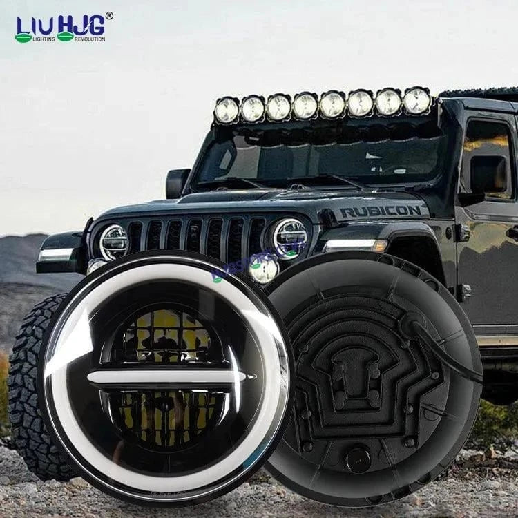 HJG 7 Inch 75W Minus New Model 75W Low Beam 110W Hi Beam LED Headlight Assembly White 7 Inch Round Motorcycle Lights For Jeeps Universal Car Compatible with Royal Enfield, Jeep & Harley Davidson LIU HJG New Box Minus 7 Inch - HJGstore.com