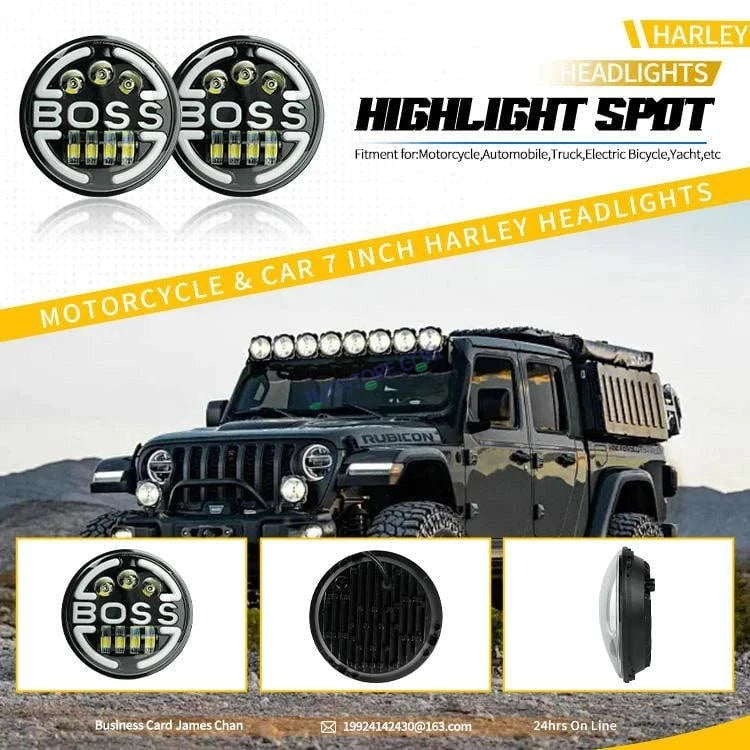 HJG 7 Inch Led Headlight Assembly Halo Lights Dual Color Yellow White 7 Inch Round Motorcycle Lights For Jeeps Universal Car Compatible with Royal Enfield, Jeep & Harley Davidson BOSS 2 - HJGstore.com
