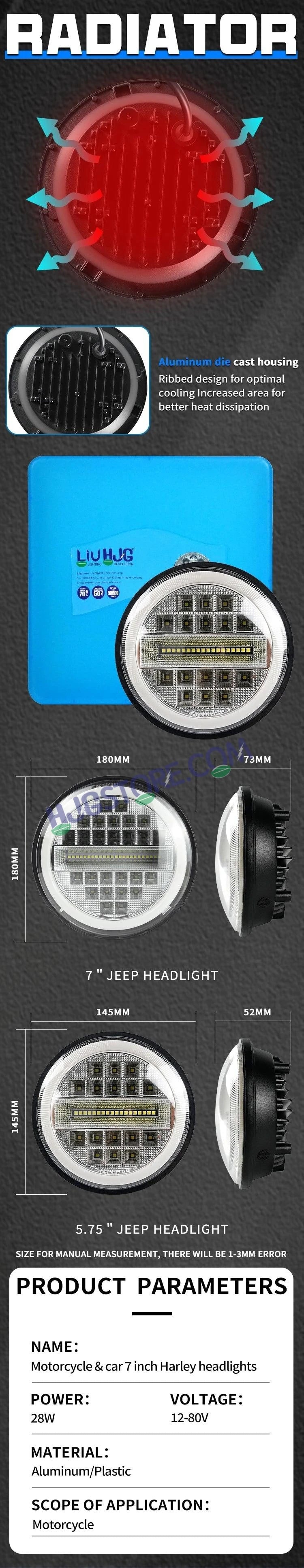 HJG 7 Inch Led Headlight Assembly Halo Lights Dual Color Yellow White 7 Inch Round Motorcycle Lights For Jeeps Universal Car Compatible with Royal Enfield, Jeep & Harley Davidson Diamond - HJGstore.com