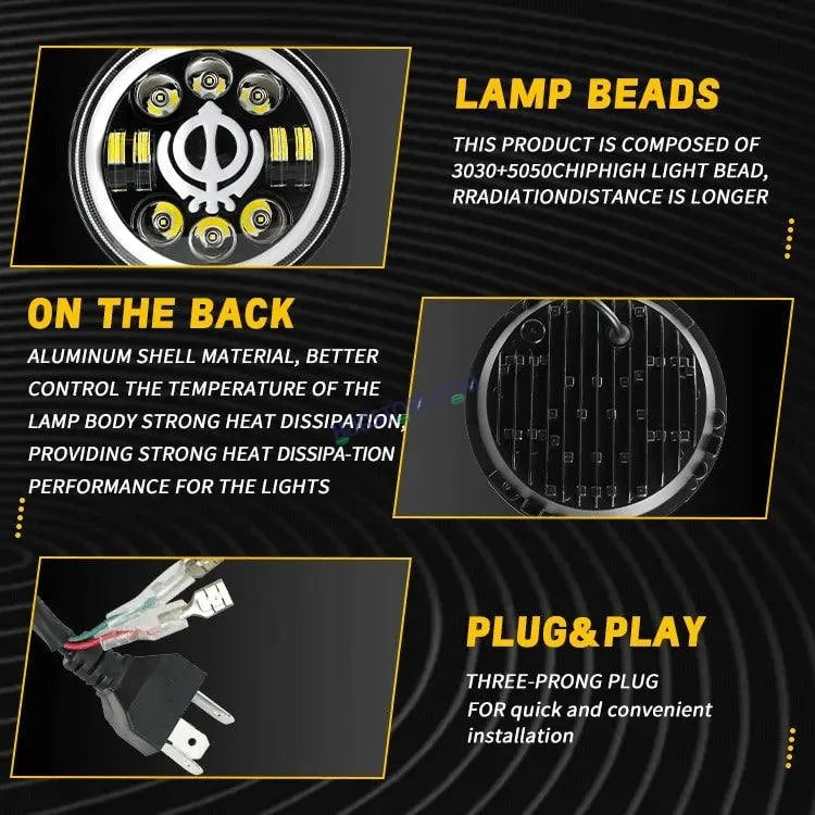 HJG 7 Inch Led Headlight Assembly Halo Lights Dual Color Yellow White 7 Inch Round Motorcycle Lights For Jeeps Universal Car Compatible with Royal Enfield, Jeep & Harley Davidson Khanda 2 - HJGstore.com