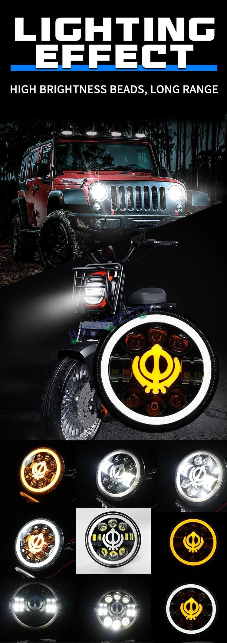 HJG 7 Inch Led Headlight Assembly Halo Lights Dual Color Yellow White 7 Inch Round Motorcycle Lights For Jeeps Universal Car Compatible with Royal Enfield, Jeep & Harley Davidson Khanda 2 - HJGstore.com