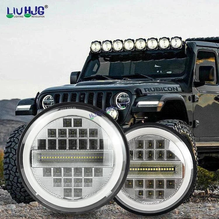 HJG 7 Inch Led Headlight Assembly Halo Lights Dual Color Yellow White 7 Inch Round Motorcycle Lights For Jeeps Universal Car Compatible with Royal Enfield, Jeep & Harley Davidson Diamond - HJGstore.com