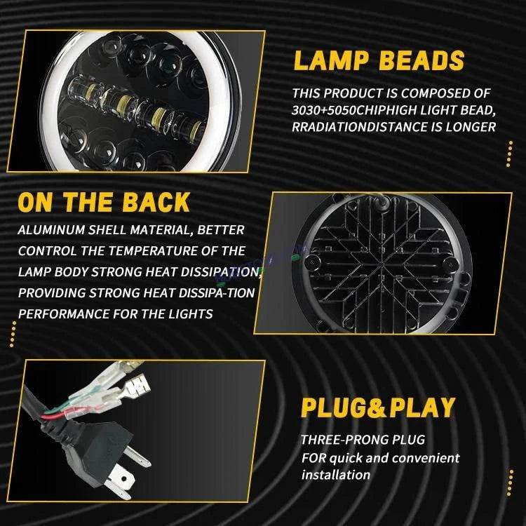 HJG 7 Inch Fashion Design Hi/lo Beam Black Round 7" Headlight 60w H4 Led Headlamp 7inch Drl Led Headlight 231045 2 - HJGstore.com