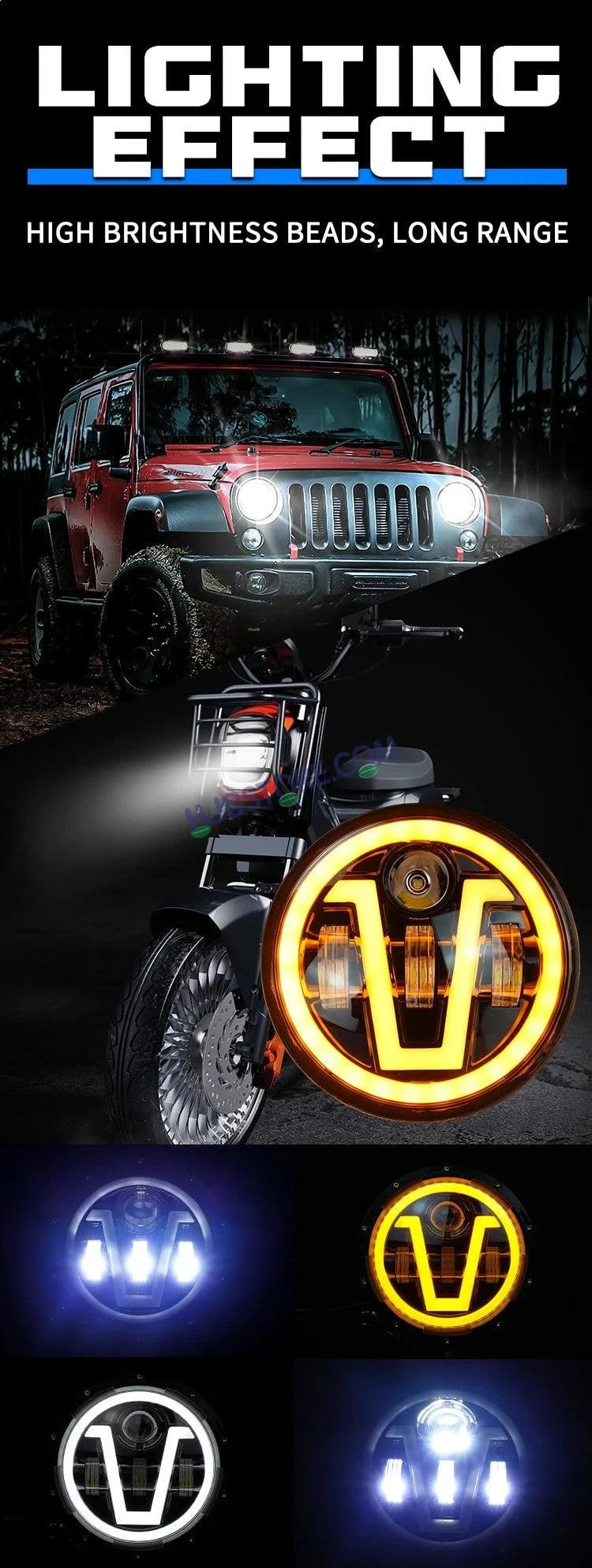 HJG 7 Inch Led Headlight Assembly Halo Lights Dual Color Yellow White 7 Inch Round Motorcycle Lights For Jeeps Universal Car Compatible with Royal Enfield, Jeep & Harley Davidson U 2 - HJGstore.com