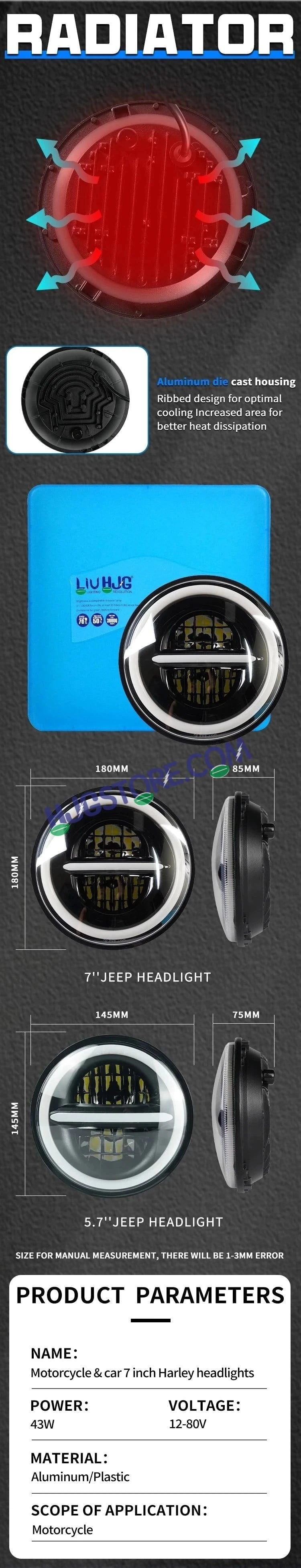 HJG 7 Inch 75W Minus New Model 75W Low Beam 110W Hi Beam LED Headlight Assembly White 7 Inch Round Motorcycle Lights For Jeeps Universal Car Compatible with Royal Enfield, Jeep & Harley Davidson LIU HJG New Box Minus 7 Inch - HJGstore.com