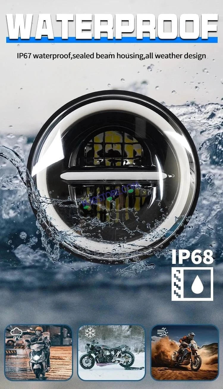 HJG 7 Inch 75W Minus New Model 75W Low Beam 110W Hi Beam LED Headlight Assembly White 7 Inch Round Motorcycle Lights For Jeeps Universal Car Compatible with Royal Enfield, Jeep & Harley Davidson LIU HJG New Box Minus 7 Inch - HJGstore.com