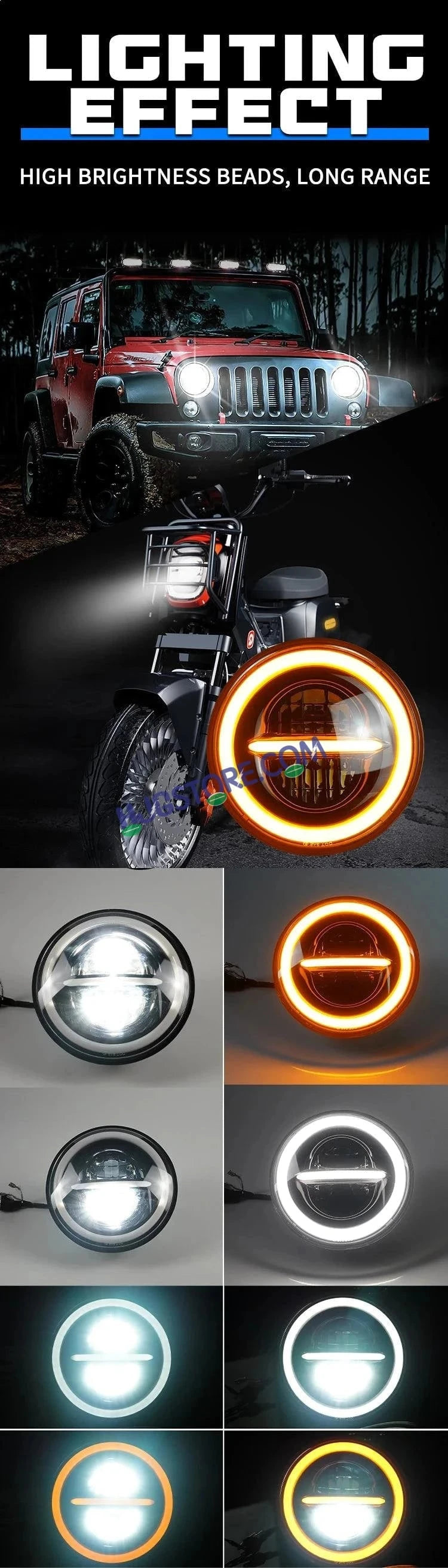 HJG 7 Inch 75W Minus New Model 75W Low Beam 110W Hi Beam LED Headlight Assembly White 7 Inch Round Motorcycle Lights For Jeeps Universal Car Compatible with Royal Enfield, Jeep & Harley Davidson LIU HJG New Box Minus 7 Inch - HJGstore.com