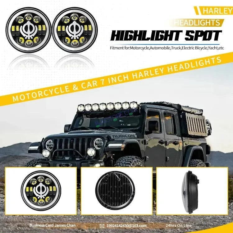 HJG 7 Inch Led Headlight Assembly Halo Lights Dual Color Yellow White 7 Inch Round Motorcycle Lights For Jeeps Universal Car Compatible with Royal Enfield, Jeep & Harley Davidson Khanda 2 - HJGstore.com