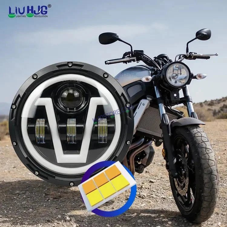 HJG 7 Inch Led Headlight Assembly Halo Lights Dual Color Yellow White 7 Inch Round Motorcycle Lights For Jeeps Universal Car Compatible with Royal Enfield, Jeep & Harley Davidson U 2 - HJGstore.com