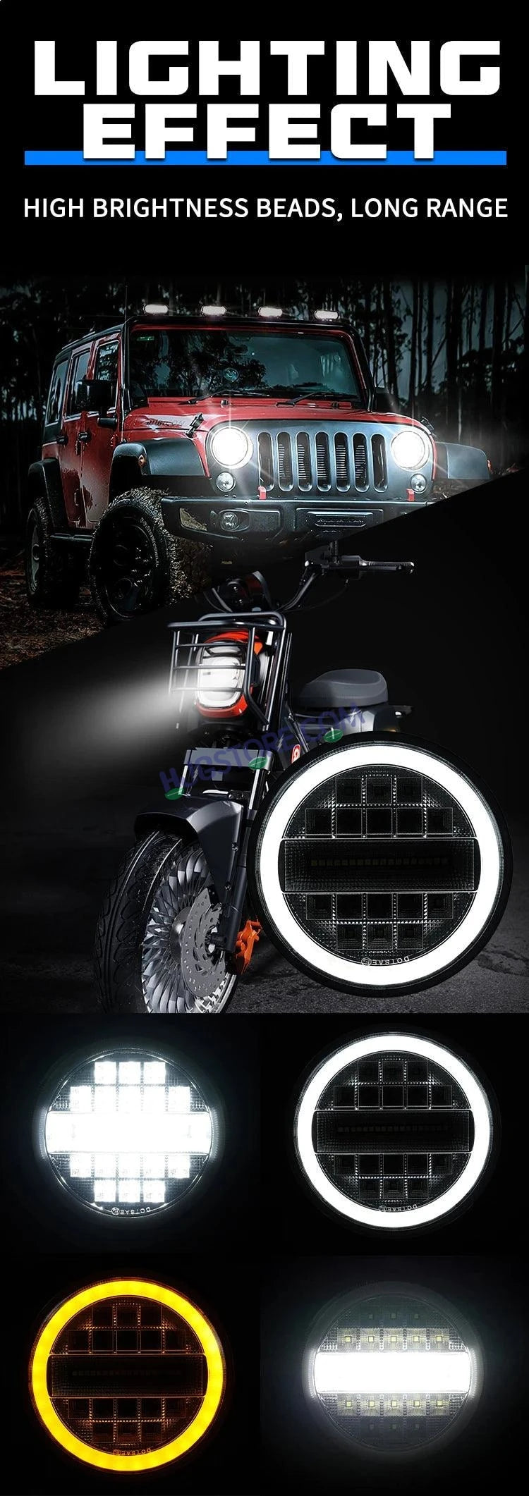 HJG 7 Inch Led Headlight Assembly Halo Lights Dual Color Yellow White 7 Inch Round Motorcycle Lights For Jeeps Universal Car Compatible with Royal Enfield, Jeep & Harley Davidson Diamond - HJGstore.com