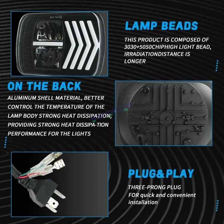 HJG 90w Hi/lo Beam 6x7 5x7 Projector Sealed Beam Rectangle Truck Led Headlights With Drl 231194 - HJGstore.com