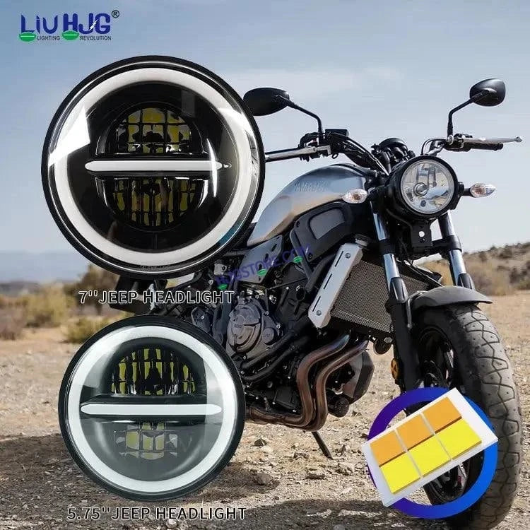 HJG 7 Inch 75W Minus New Model 75W Low Beam 110W Hi Beam LED Headlight Assembly White 7 Inch Round Motorcycle Lights For Jeeps Universal Car Compatible with Royal Enfield, Jeep & Harley Davidson LIU HJG New Box Minus 7 Inch - HJGstore.com