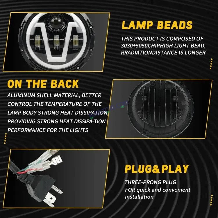 HJG 7 Inch Led Headlight Assembly Halo Lights Dual Color Yellow White 7 Inch Round Motorcycle Lights For Jeeps Universal Car Compatible with Royal Enfield, Jeep & Harley Davidson U 2 - HJGstore.com