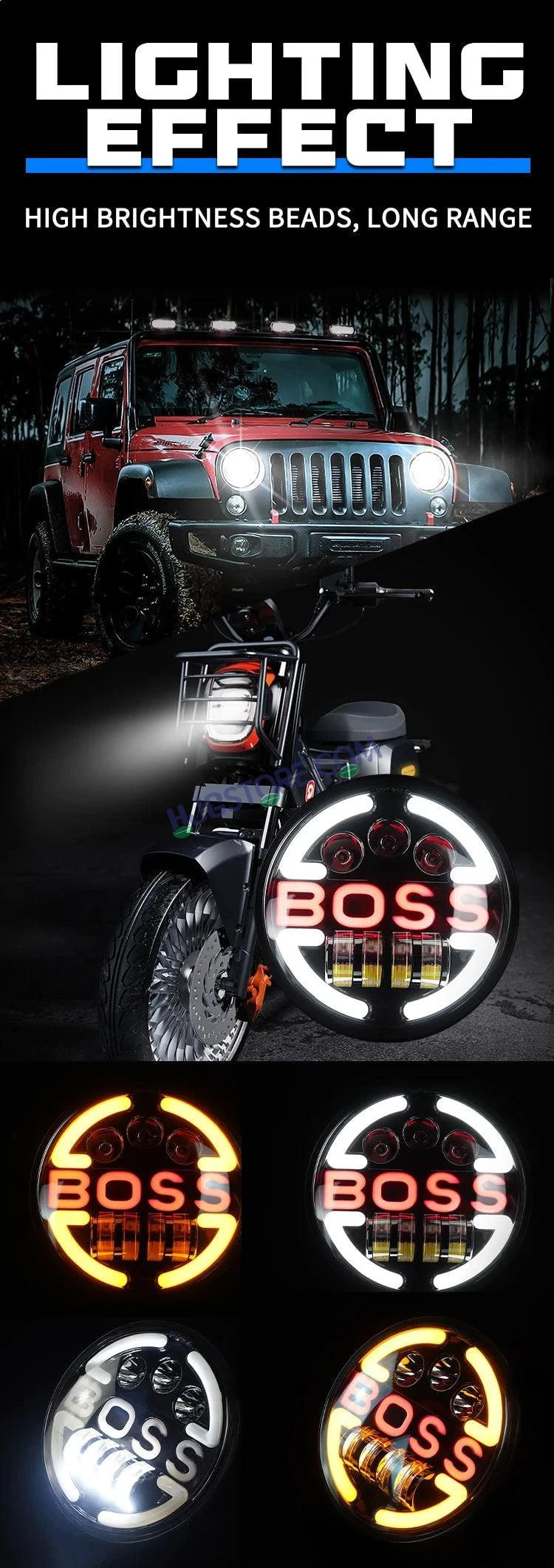 HJG 7 Inch Led Headlight Assembly Halo Lights Dual Color Yellow White 7 Inch Round Motorcycle Lights For Jeeps Universal Car Compatible with Royal Enfield, Jeep & Harley Davidson BOSS 2 - HJGstore.com