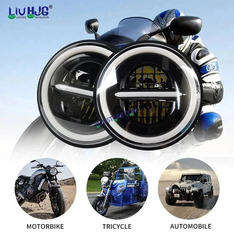 HJG 7 Inch 75W Minus New Model 75W Low Beam 110W Hi Beam LED Headlight Assembly White 7 Inch Round Motorcycle Lights For Jeeps Universal Car Compatible with Royal Enfield, Jeep & Harley Davidson LIU HJG New Box Minus 7 Inch - HJGstore.com