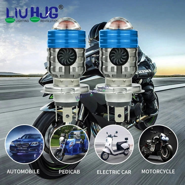 HJG H4 Lens Headlight Bulb with Cooling Fan New Model White Yellow LED Headlight Bulb H4 For All Motorcycles (Low and High Beam Bulbs (White/Yellow) White Yellow 40W Lens) LIU HJG H4 Lens Headlight with Cooling Fan - Type H4 - HJGstore.com