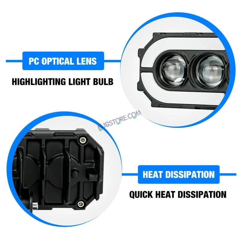 HJG 4 Lens with RGB Ring DRL 4 Projector Lens 2pc Foglight with RGB Ring 4 LED Projector Fog 120W with RGB DRL Foglight Ultra Wide Dual Intensity LED Fog Lights White/Yellow/RGB DRL Projector (120W) Universal For All Cars & Bikes LIU HJG 4 Lens RGB Ring - HJGstore.com