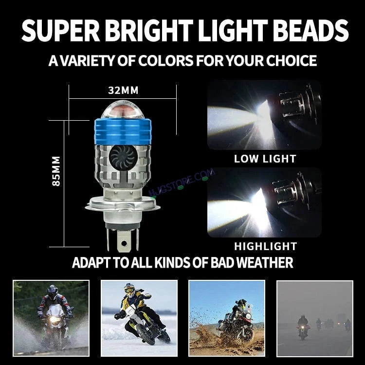 HJG H4 Lens Headlight Bulb with Cooling Fan New Model White Yellow LED Headlight Bulb H4 For All Motorcycles (Low and High Beam Bulbs (White/Yellow) White Yellow 40W Lens) LIU HJG H4 Lens Headlight with Cooling Fan - Type H4 - HJGstore.com