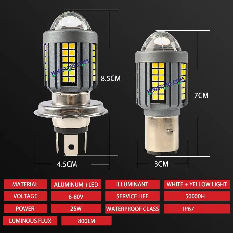 HJG H4 Lens New Model White Yellow LED Headlight Bulb H4 For All Motorcycles (Low and High Beam Bulbs (White) White Yellow 50W Lens) - Type H4 - HJGstore.com