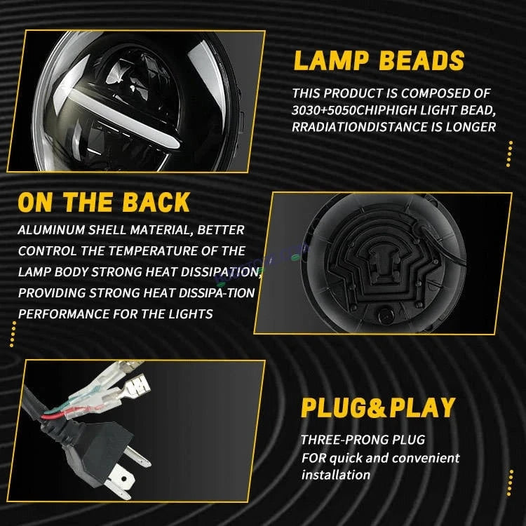 HJG 7 Inch Minus LED Headlight Assembly Halo Lights Dual Color Yellow White 7 Inch Round Motorcycle Lights For Jeeps Universal Car Compatible with Royal Enfield, Jeep & Harley Davidson Minus Line Without Ring - HJGstore.com