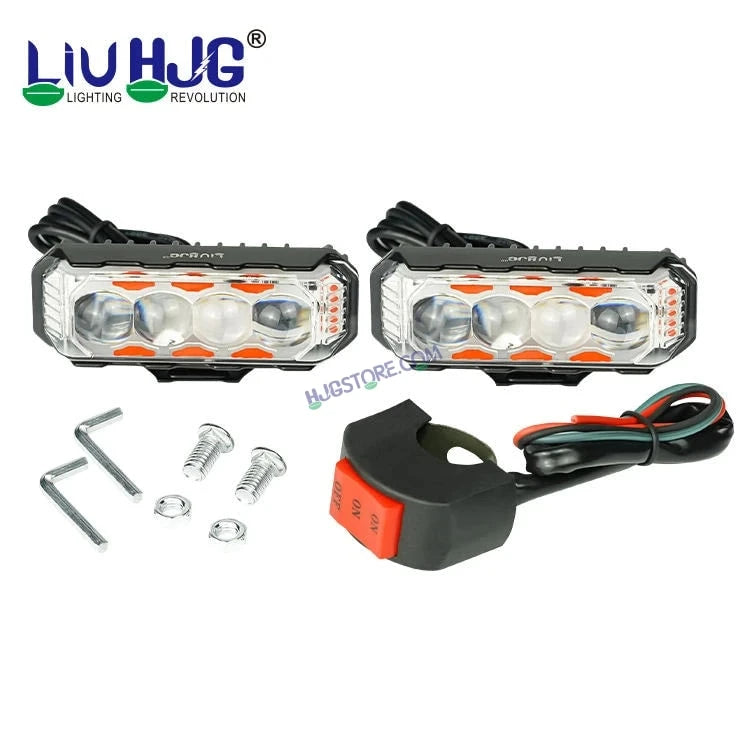 HJG 4 LED Light Bar 2pc with Red Blue Flash Strobe Fog Light for Bikes and Cars High Power, Heavy clamp and Strong aluminum. (4 LED Fog Light Bar Single) White/Yellow, Red Blue Strobe Flash, Pack of 2 - HJGstore.com