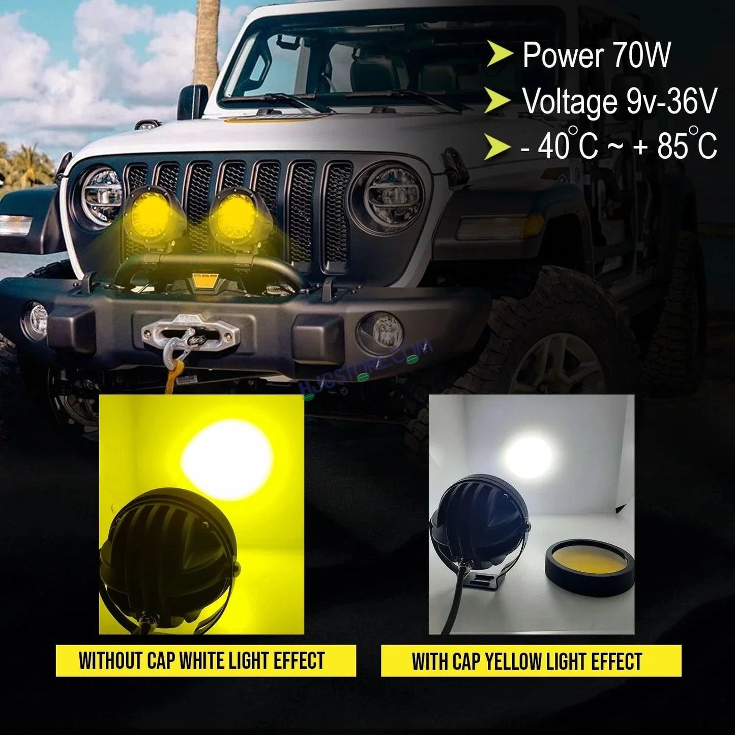 HJG Original 70W CREE 140W Dual Color Yellow/White LED Fog Lights with Wiring Harness Kit light brightness output controller switch Yellow Filter Cap Waterproof Light for Bikes, Cars, Jeeps Yellow Filter Cap - HJGstore.com