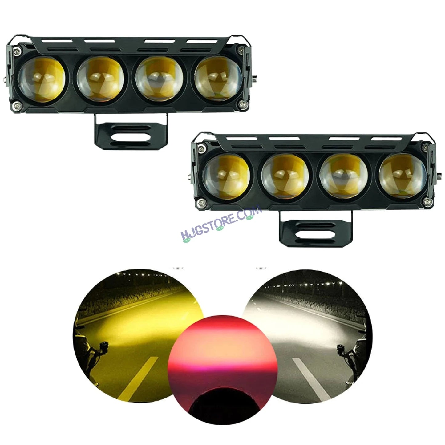 HJG 4 Lens Without Fan NEW MEGA DRIVE Fog Light 60W For Bike/Car/Thar/Jeep ( Cool White, Yellow, Warm White, Red DRL, Flash ) - Pack of 2 Future Eyes 4 Lens with Red DRL HJG - HJGstore.com