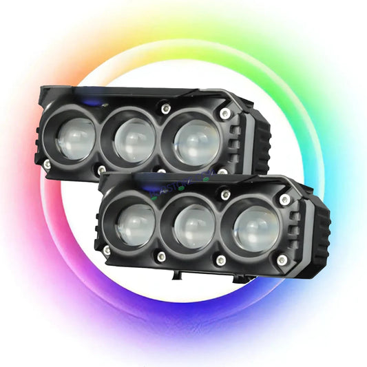 HJG M Series RGB DRL 3 Lens Projector Lens 2pc Foglight RGB DRL Modes 3 Lens LED Projector Fog Lens 50W with RGB DRL Foglight Ultra Wide Dual Intensity LED Fog Lights White/Yellow/RGB DRL Projector (50W) Universal For All Cars & Bikes LIU HJG RGB Foglight - HJGstore.com