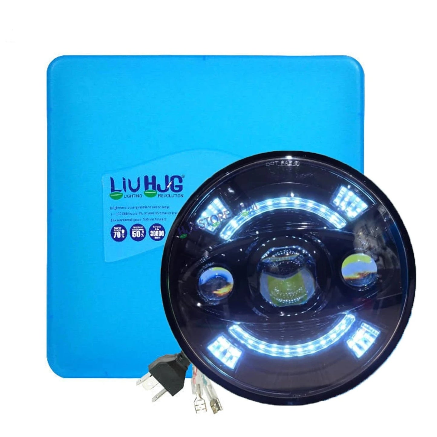HJG New 100W Tri Projector 7 Inch Headlight Assembly C-194 100W White LED Headlight New Model 3 Projector Lens Headlight Assembly for Royal Enfield | 80-100W CREE/Osram LED Chip Multi color White/Yellow Compatible with Royal Enfield, Jeep, Thar, Gypsy - HJGstore.com
