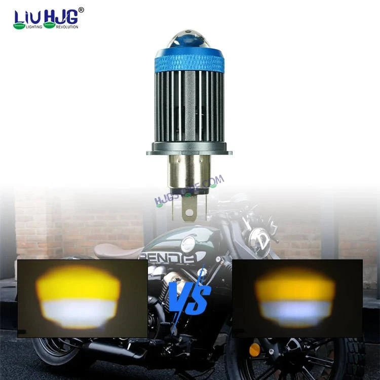 HJG H4 Lens Headlight Bulb with Cooling Fan New Model White Yellow LED Headlight Bulb H4 For All Motorcycles (Low and High Beam Bulbs (White/Yellow) White Yellow 40W Lens) LIU HJG H4 Lens Headlight with Cooling Fan - Type H4 - HJGstore.com