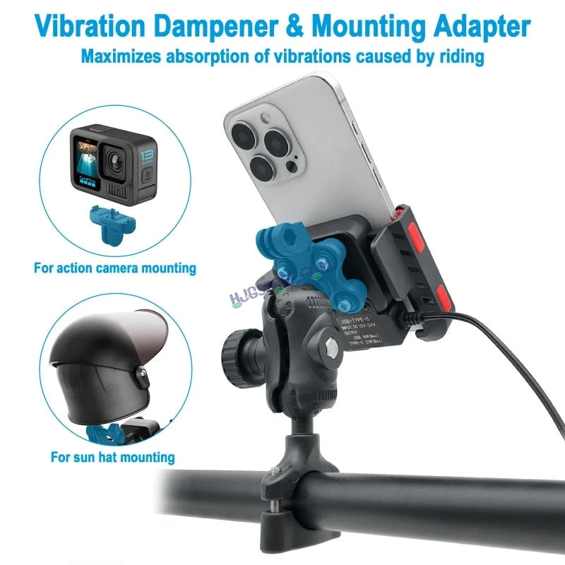 HJG Compact Pro 7579 Type-C Shockproof Mobile Holder with Jaw Grip Damper Anti Vibration with Type-C USB Charger for Bike, Two Wheelers Universal HJG Mobile Holder Pro 7579 Anti-Shake Anti-Theft Zero Vibration Shockproof Mobile Holder with Type-C Charger - HJGstore.com