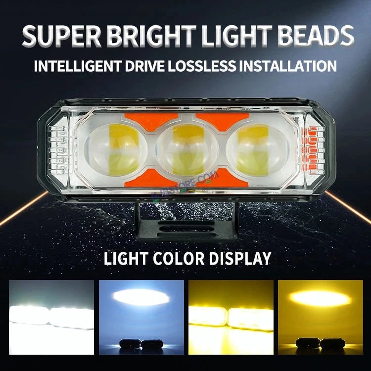 HJG 3 LED Light Bar with Red Blue Flash Strobe Fog Light for Bikes and Cars High Power, Heavy clamp and Strong aluminum. (3 LED Fog Light Bar Single) White/Yellow, Red Blue Strobe Flash, Pack of 1 - HJGstore.com